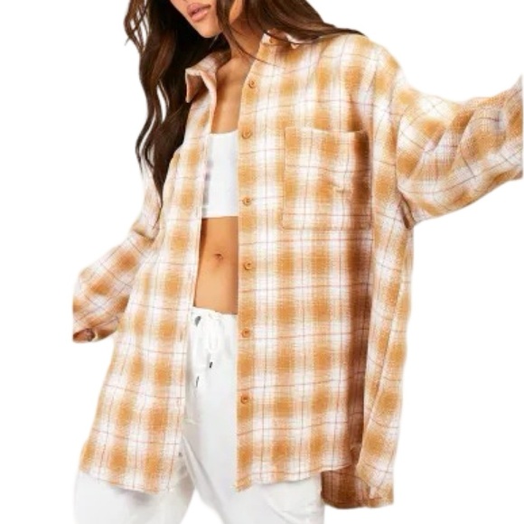Boohoo Oversized Flannel Shirt Womens Size 6 Small Gold White Pockets Tunic - Picture 2 of 11